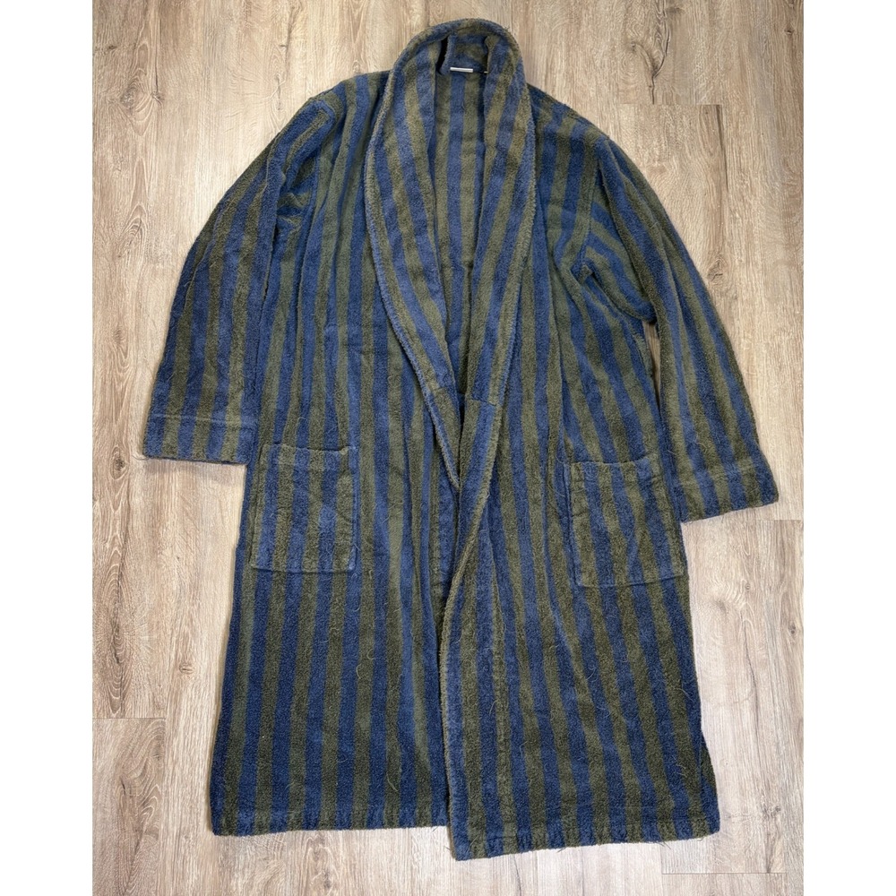 LL Bean Mens XXL 2XL Reg Green Striped Bath Robe 100% Cotton Heavy